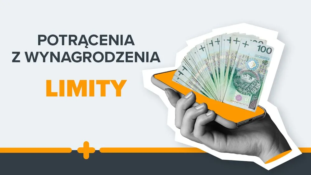 Telefon w dłoni z wystającymi pieniędzmi, obok napis: Potrącenia z wynagrodzenia – limity